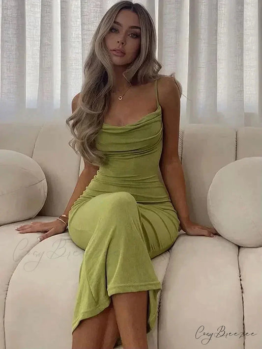Sexy Draped Sleeveless Spaghetti Strap Midi Dress Green / S
