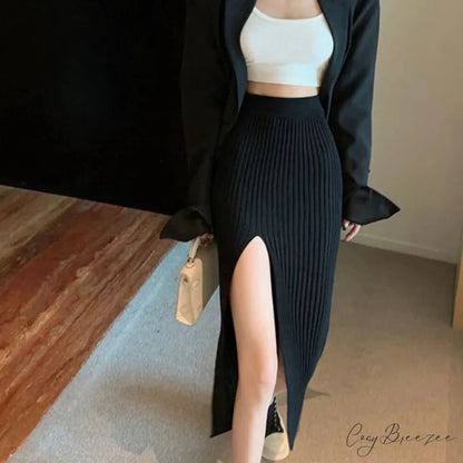 Sexy Elegant Slim Fit High-Waisted Knitted Chic Autumn Winter Midi Skirt Black / One Size