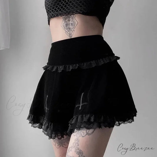 Sexy Fashion Summer Embroidery Black Gothic Casual Stylish Lace Trim Skirt BLACK / S