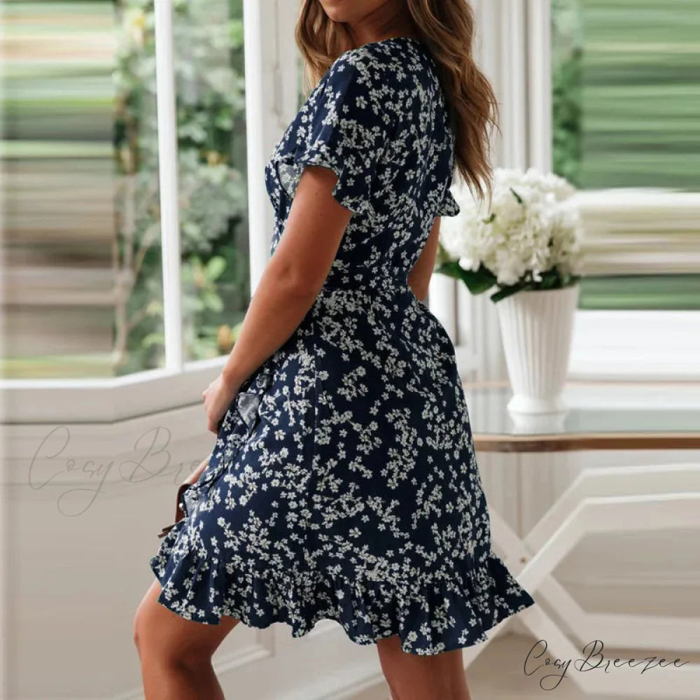 Sexy Floral Print V-neck Chiffon Mini Floral Dress floraldress-250126