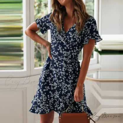 Sexy Floral Print V-neck Chiffon Mini Floral Dress Navy Blue / S floraldress-250126