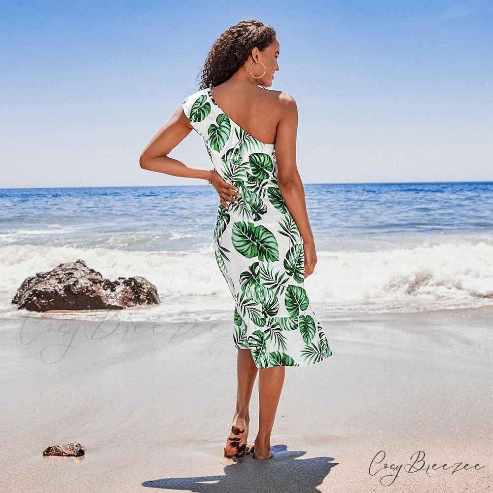 Sexy Green Tropical Leaf Beach Holiday Dress CSN0021EG / L