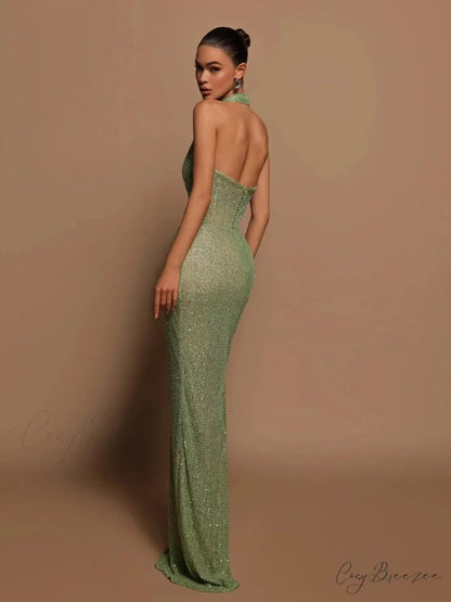 Sexy Halter Deep V Neck Sequins Green Sleeveless Backless Celebrity Christmas Party Dress