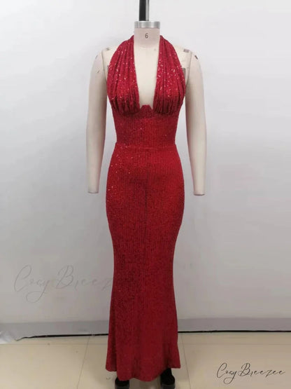 Sexy Halter Deep V Neck Sequins Green Sleeveless Backless Celebrity Christmas Party Dress Red / S
