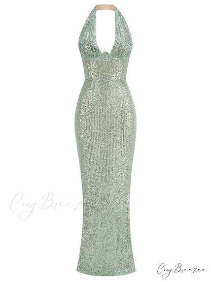 Sexy Halter Deep V Neck Sequins Green Sleeveless Backless Celebrity Christmas Party Dress Green / S