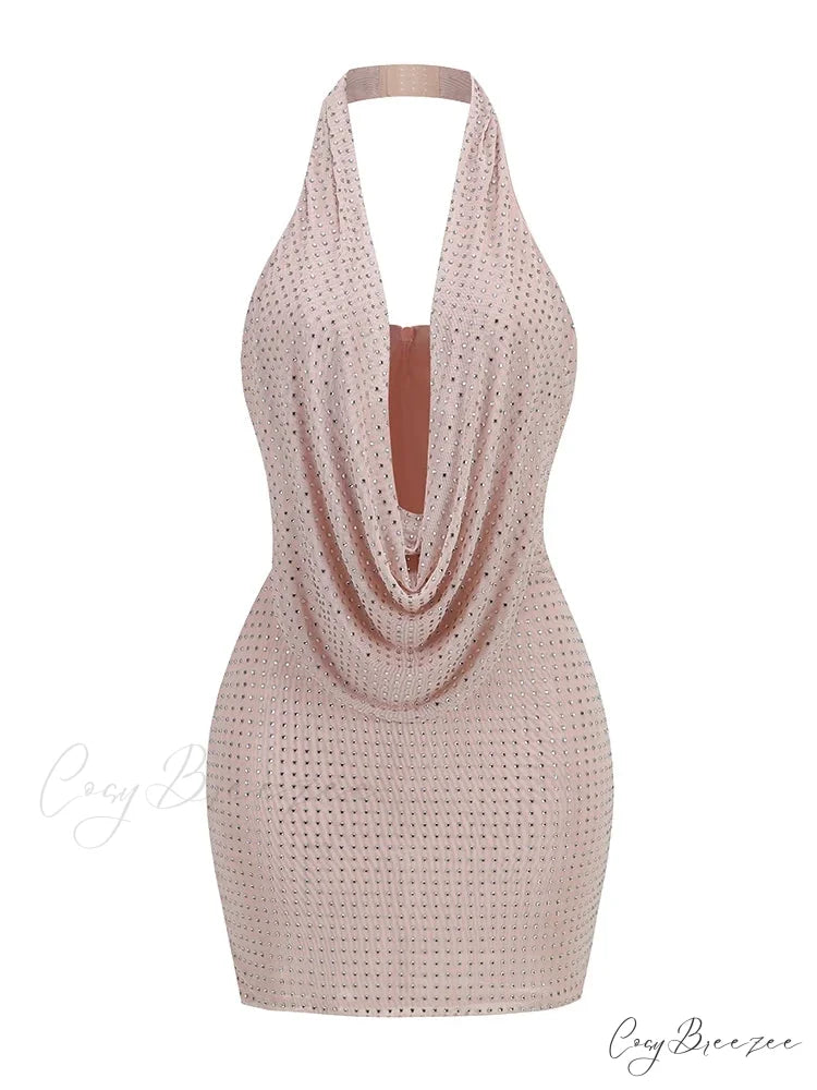 Sexy Halter Neck Low Cut Diamonds Mini Nude Christmas Party Dress pink / S