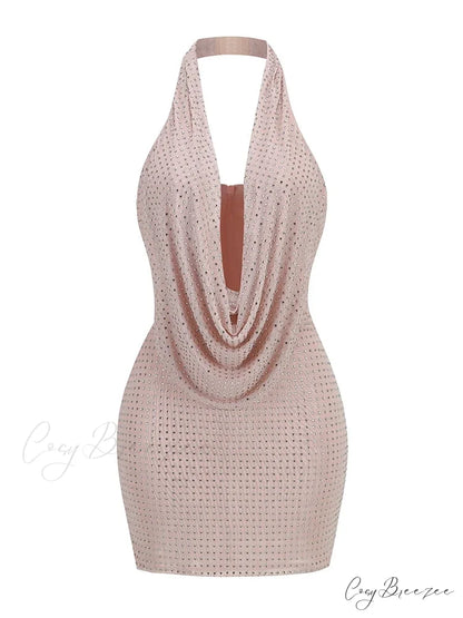 Sexy Halter Neck Low Cut Diamonds Mini Nude Christmas Party Dress pink / S