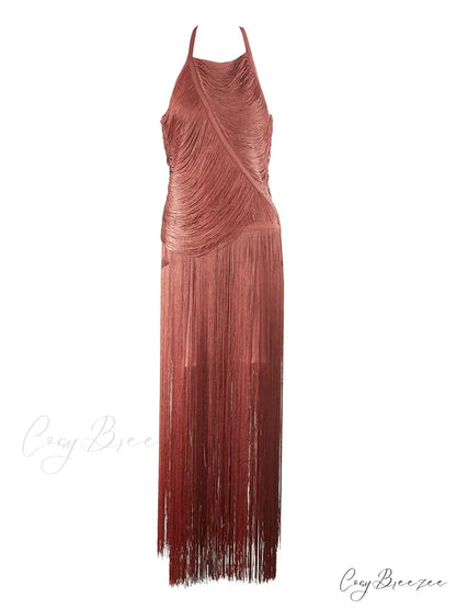 Sexy Halter Sleeveless Tassel Patchwork Bandage Dress Backless Fringe Christmas Party Dress Brown / XS