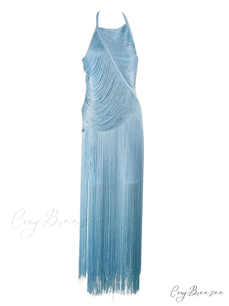 Sexy Halter Sleeveless Tassel Patchwork Bandage Dress Backless Fringe Christmas Party Dress SKY BLUE / XS