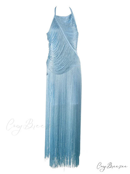 Sexy Halter Sleeveless Tassel Patchwork Bandage Dress Backless Fringe Christmas Party Dress SKY BLUE / XS