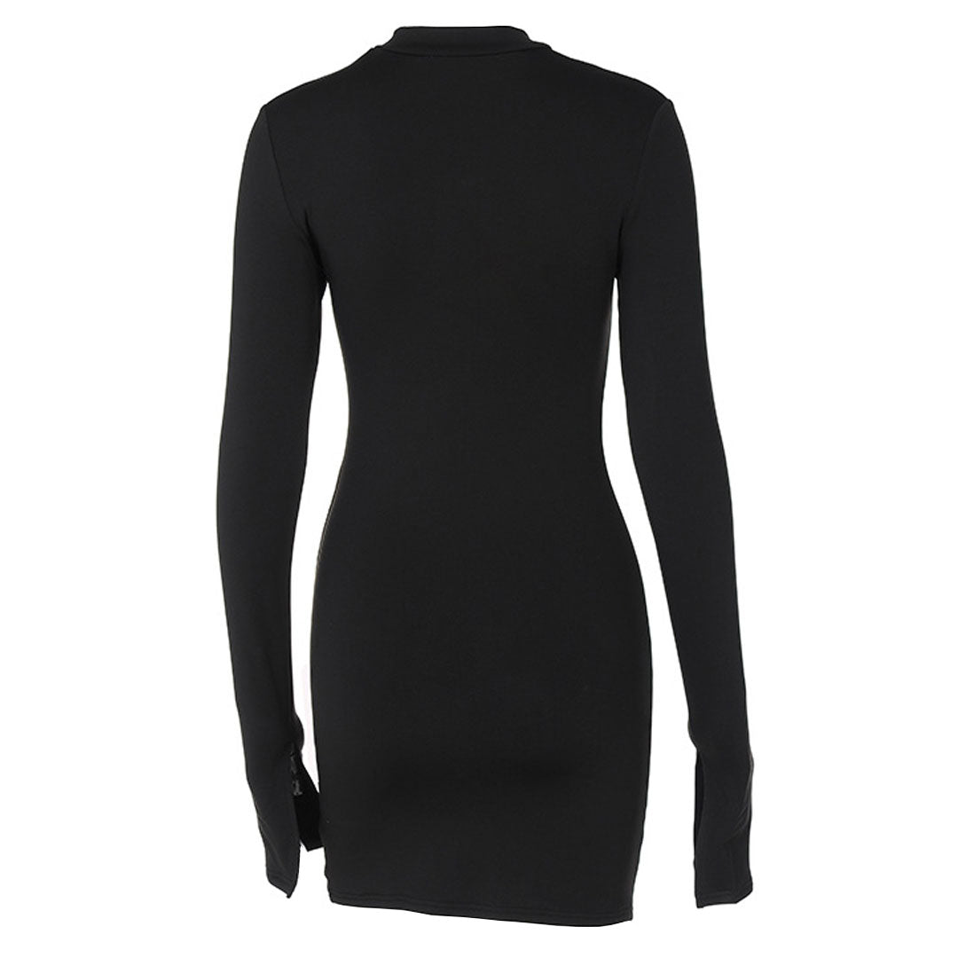 High Neck Long Sleeve Ruched Classic Party Mini Dress - Black