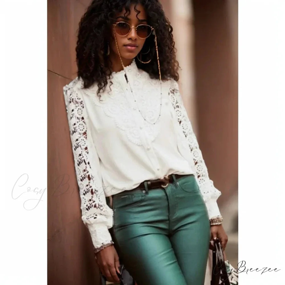 Sexy Hollow Lace Patchwork Long Sleeve Crop Top blouse-250126