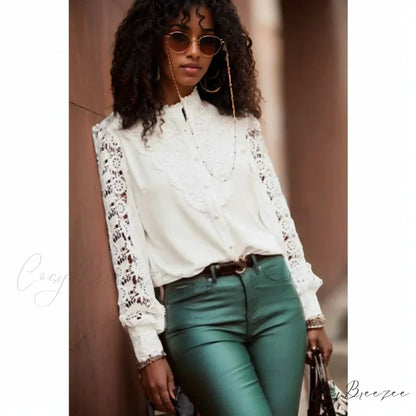 Sexy Hollow Lace Patchwork Long Sleeve Crop Top blouse-250126