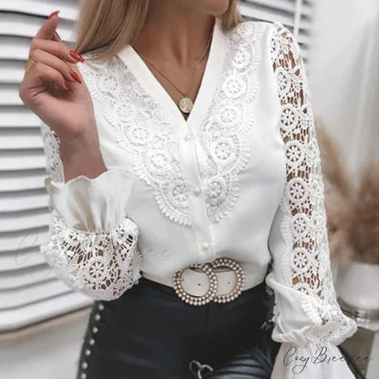 Sexy Hollow Lace Patchwork Long Sleeve Crop Top blouse-250126