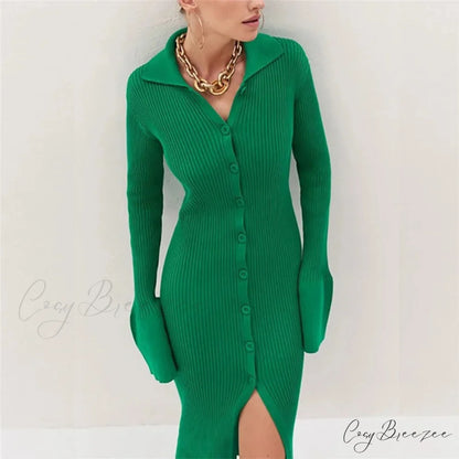 Sexy Knitted Cardigan Women Female Fashion Slim Solid Autumn Winter Flare Sleeve Female Vestidos GREEN / S