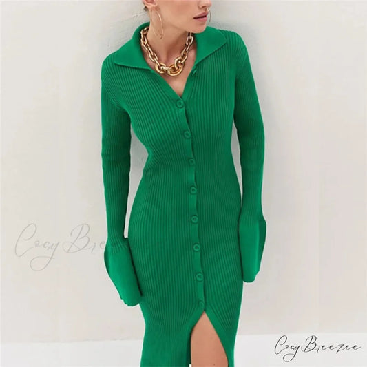 Sexy Knitted Cardigan Women Female Fashion Slim Solid Autumn Winter Flare Sleeve Female Vestidos GREEN / S