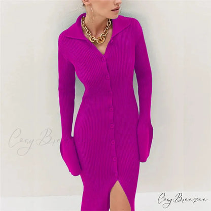 Sexy Knitted Cardigan Women Female Fashion Slim Solid Autumn Winter Flare Sleeve Female Vestidos HOT PURPLE / S