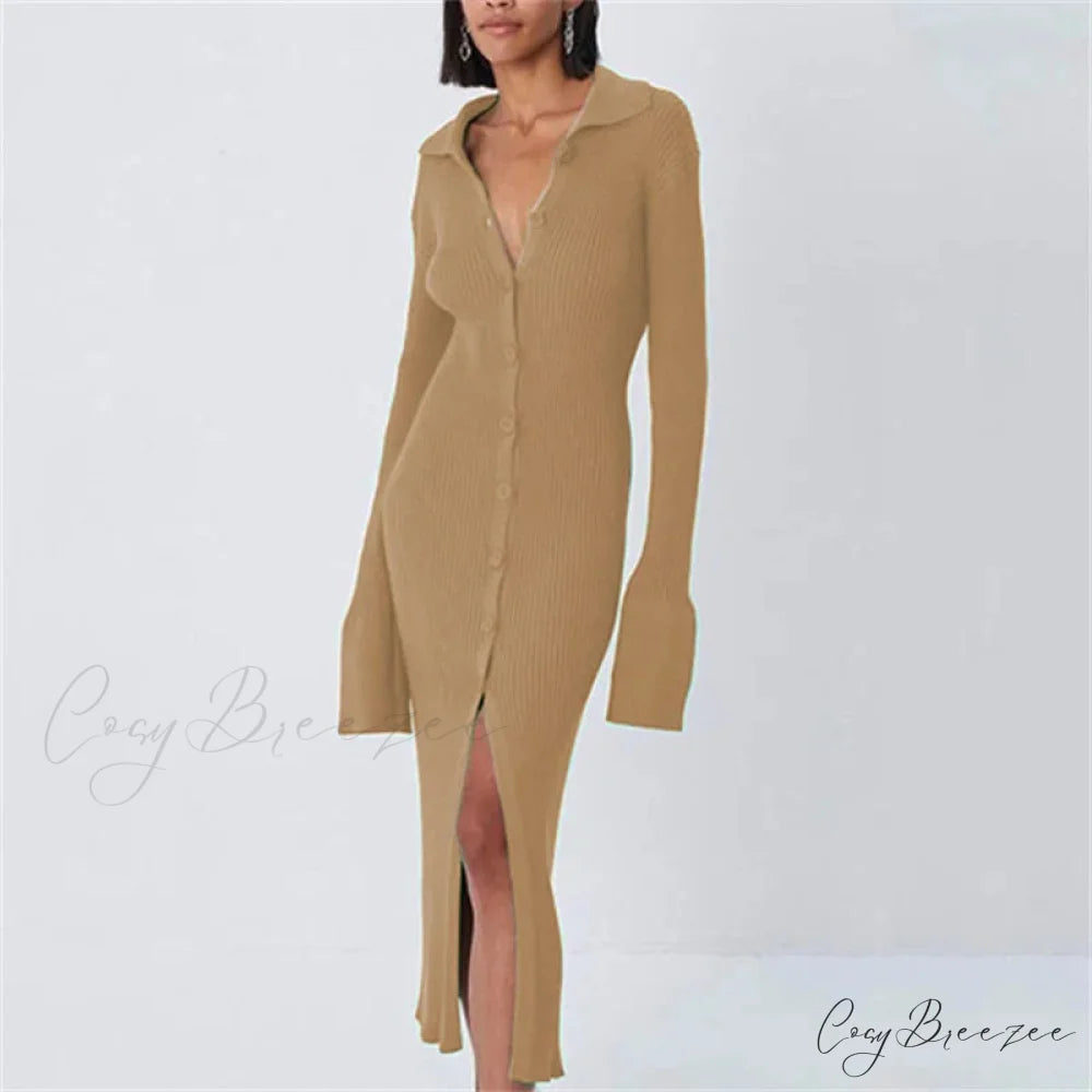 Sexy Knitted Cardigan Women Female Fashion Slim Solid Autumn Winter Flare Sleeve Female Vestidos KHAKI / S