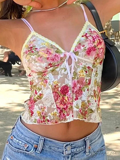 Sexy Lace Sheer Floral V Neck Crop Top Pink / S croptop-250126