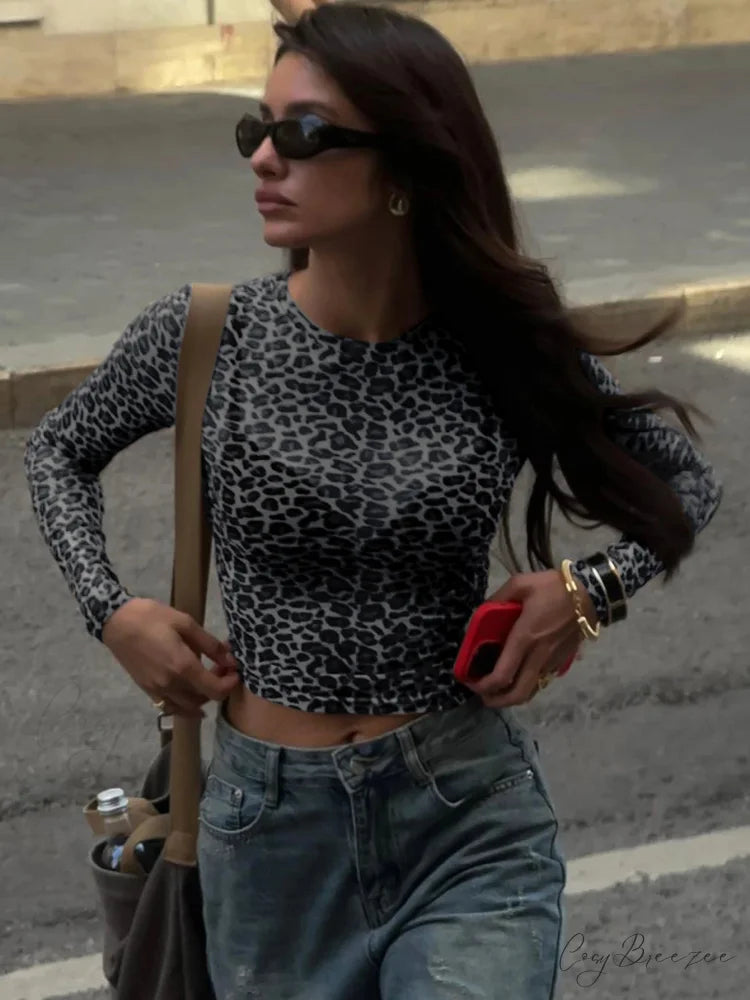Sexy Long Sleeve Leopard Printed Mesh Bodycon Knit Top Black / XS knittop-250126