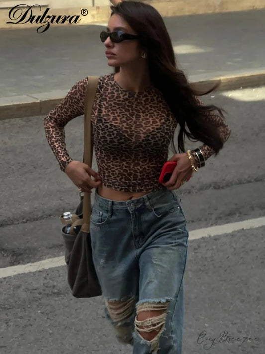 Sexy Long Sleeve Leopard Printed Mesh Bodycon Knit Top knittop-250126