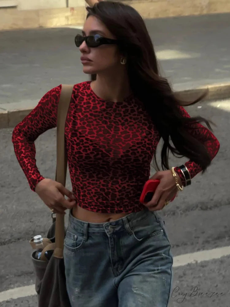 Sexy Long Sleeve Leopard Printed Mesh Bodycon Knit Top Red / XS knittop-250126