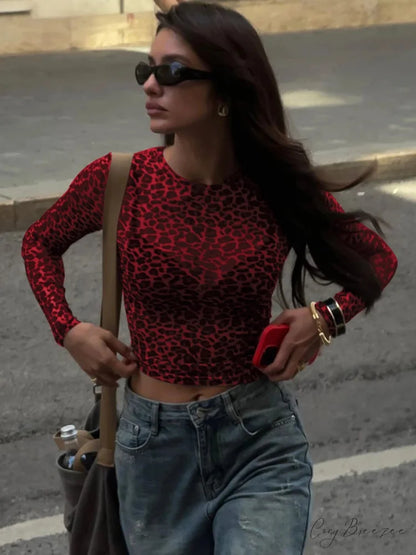 Sexy Long Sleeve Leopard Printed Mesh Bodycon Knit Top Red / XS knittop-250126