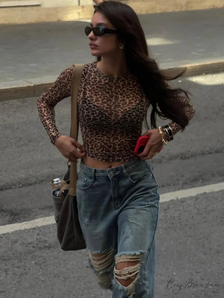 Sexy Long Sleeve Leopard Printed Mesh Bodycon Knit Top Leopard / XS knittop-250126