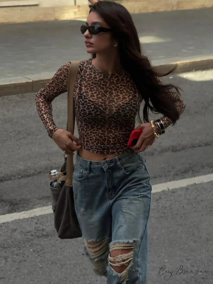 Sexy Long Sleeve Leopard Printed Mesh Bodycon Knit Top Leopard / XS knittop-250126