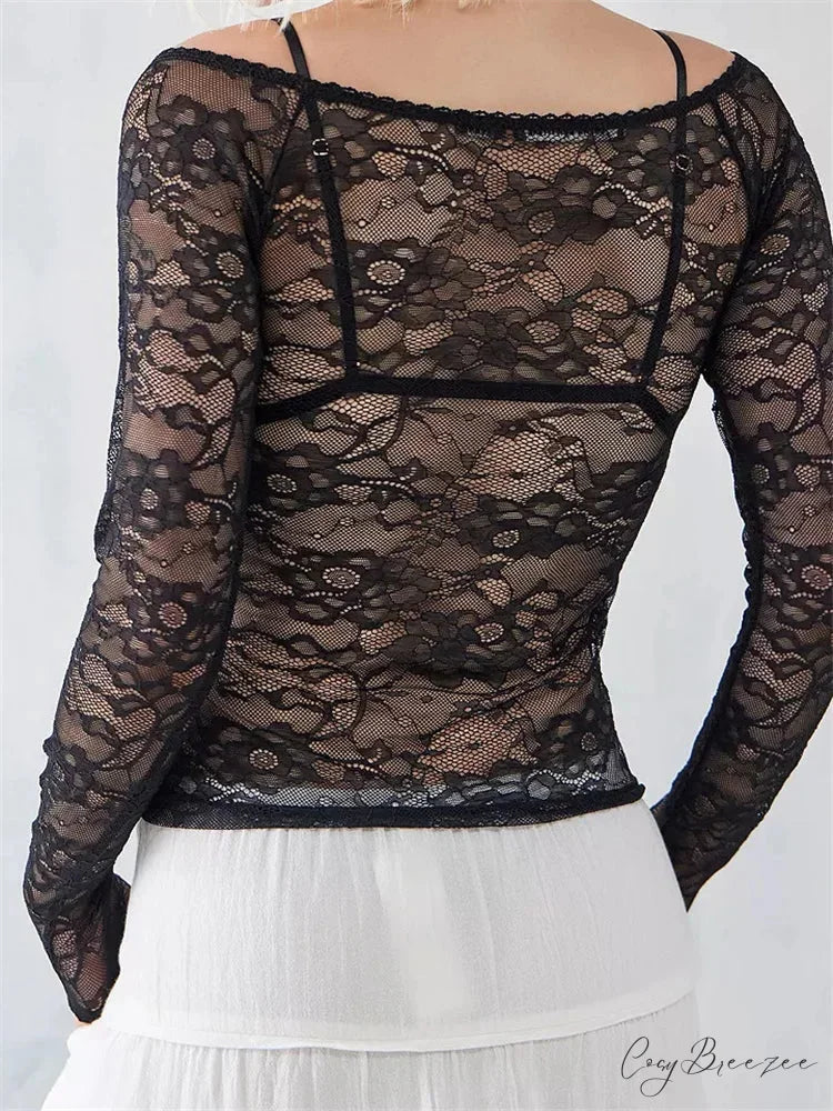 Sexy Mesh See Through V-Neck Fairy Grunge Lace T-Shirts