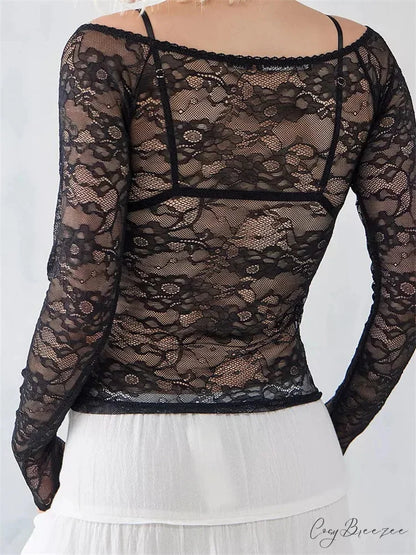 Sexy Mesh See Through V-Neck Fairy Grunge Lace T-Shirts