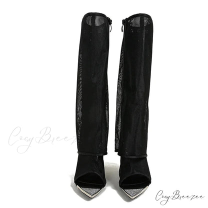 Sexy Metal Pointed Toe Black Mesh Knee High Boots Sandals Women Zip Fashion Rhinestone High Heels Shoes Botas Mujer