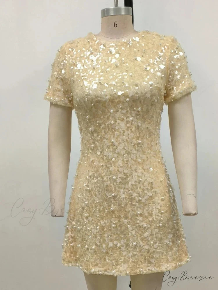 Sexy O Neck Short Sleeve Shiny Sequins Beaded Mini Elegant Christmas Party Dress APRICOT / XS