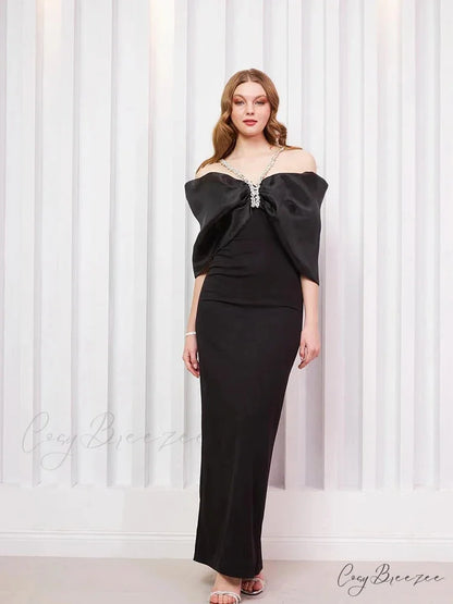 Sexy Off Shoulder Diamond Straps Bandage Black Pleated Shiny Celebrity Christmas Party Dress Black / XS