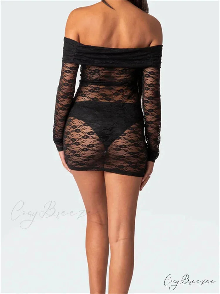 Sexy Off Shoulder Lace Fashion Long Sleeve Mini Dress