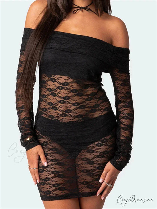 Sexy Off Shoulder Lace Fashion Long Sleeve Mini Dress BLACK / S