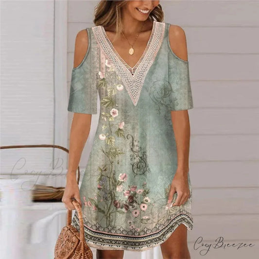 Sexy Off Shoulder Lace Splicing Party A-line Dress Green / S oldfloraldress-250126