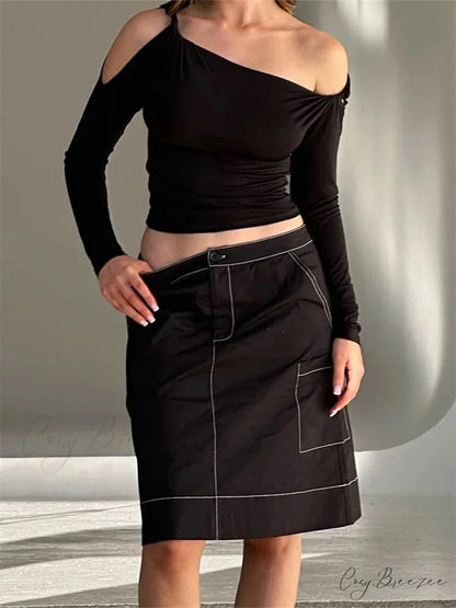 Sexy Off Shoulder Long Sleeve Neck Solid Color Slim Fit T-shirts