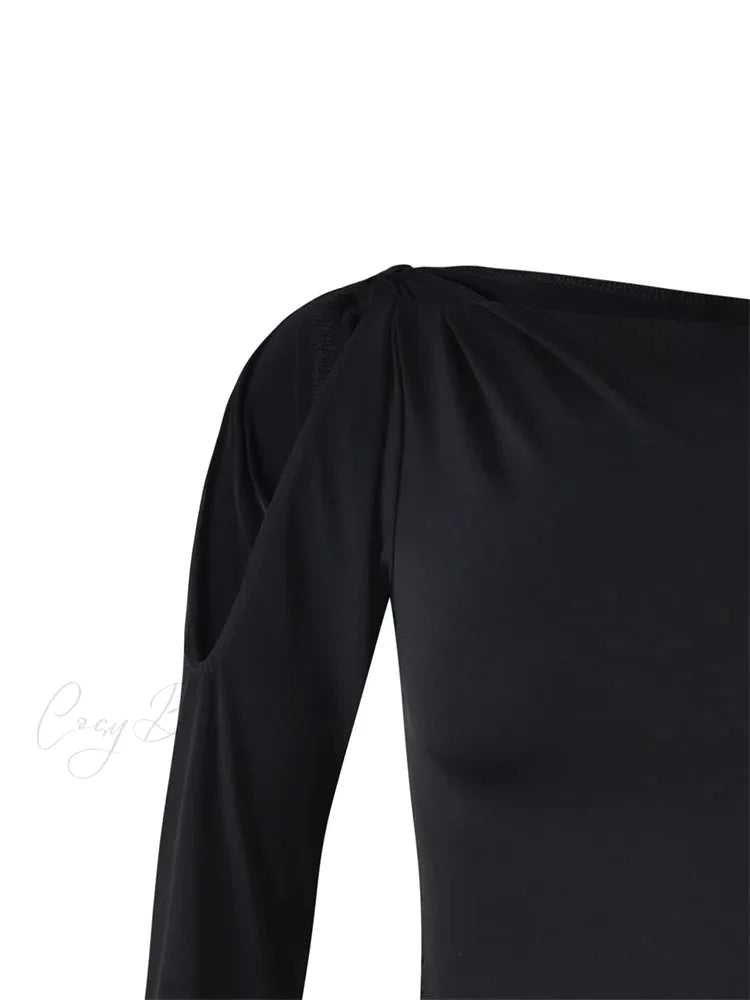 Sexy Off Shoulder Long Sleeve Neck Solid Color Slim Fit T-shirts