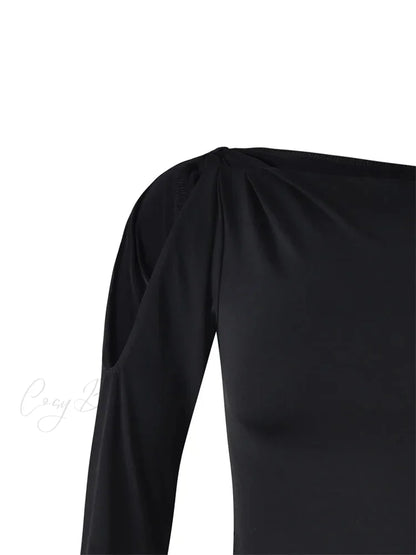 Sexy Off Shoulder Long Sleeve Neck Solid Color Slim Fit T-shirts