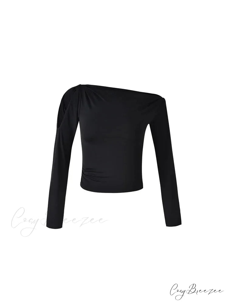 Sexy Off Shoulder Long Sleeve Neck Solid Color Slim Fit T-shirts