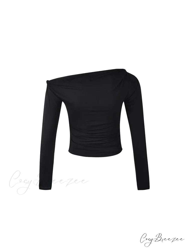 Sexy Off Shoulder Long Sleeve Neck Solid Color Slim Fit T-shirts