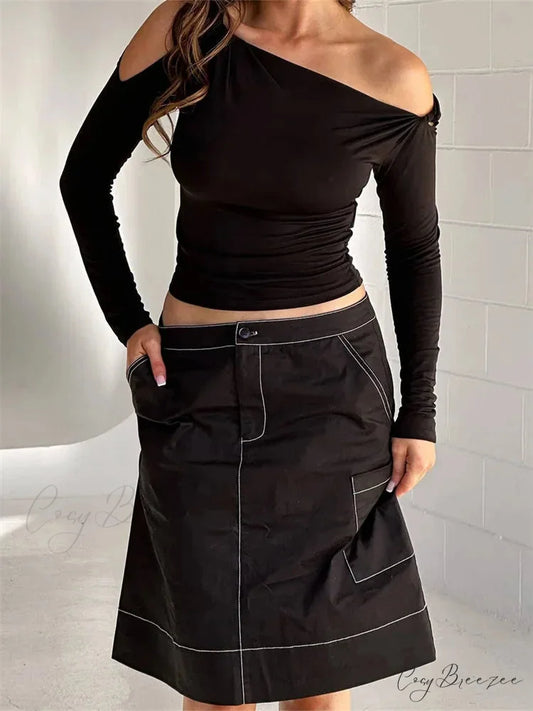 Sexy Off Shoulder Long Sleeve Neck Solid Color Slim Fit T-shirts BLACK / S