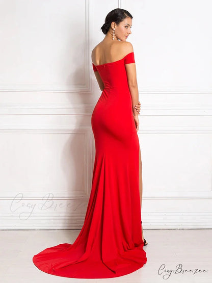 Sexy Off Shoulder Mermaid Bodycon Split Red Christmas Party Dress