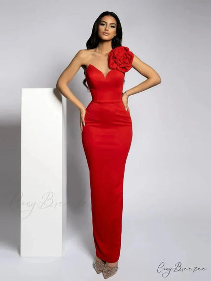 Sexy One Shoulder Diamonds Flower Patchwork Maxi Red Christmas Party Dress