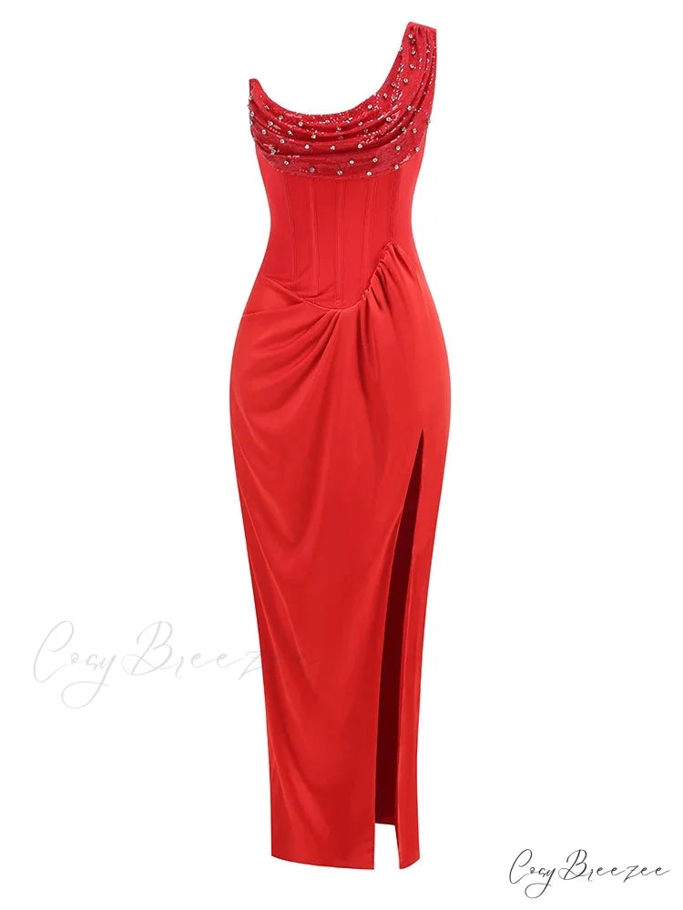 Sexy One Shoulder Embroidered Flares Slim Red Mesh Beaded Christmas Party Dress Red / XS