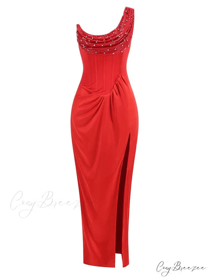Sexy One Shoulder Embroidered Flares Slim Red Mesh Beaded Christmas Party Dress Red / XS