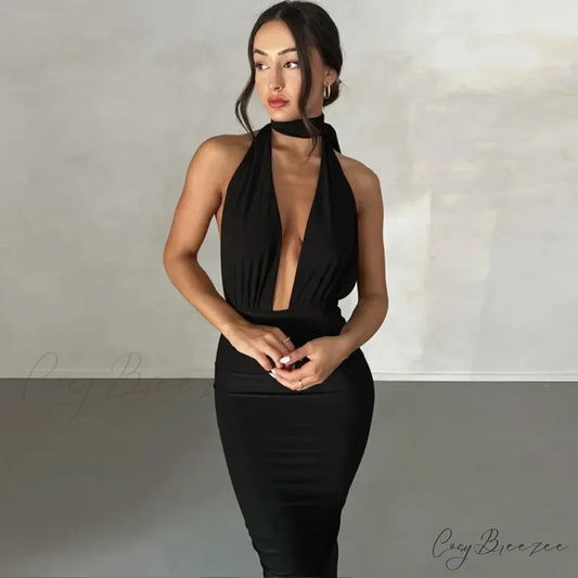 Sexy Plunge Deep V Neck Summer Club Party Sleeveless Ruched Slit Midi Dress Black / S
