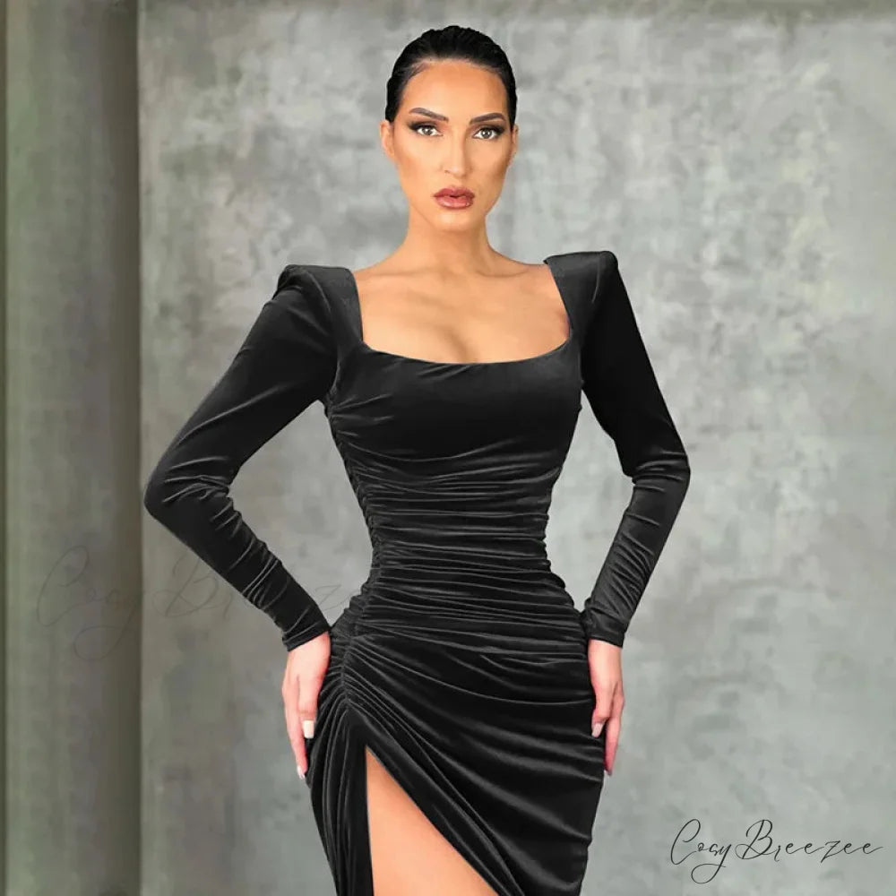 Sexy Red Velvet Elegant Midi Christmas Party Dress Black / S