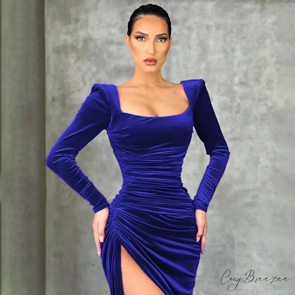 Sexy Red Velvet Elegant Midi Christmas Party Dress Blue / S